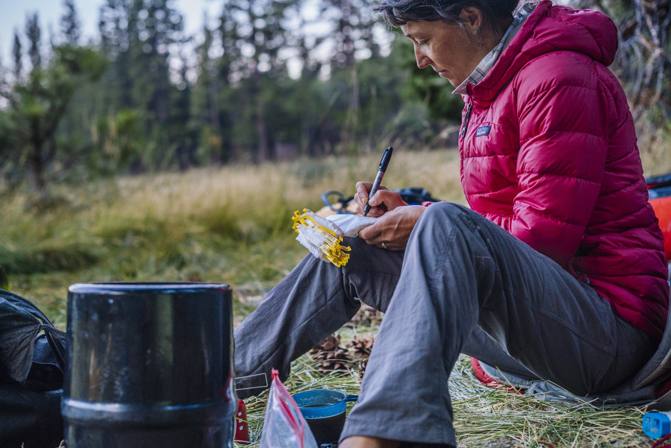 Dr. Jennifer Watt, wearing a pink puffy jacket, conducts research outdoors. She is labeling samples with a sharpie.